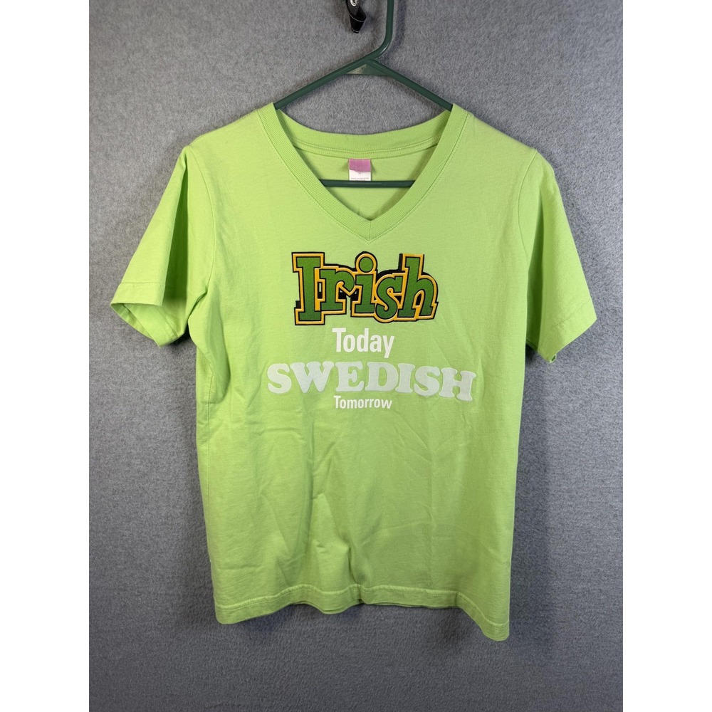 LAT Shirt Womens Medium Green Irish Today Swedish Tomorrow Graphic V Neck Tee